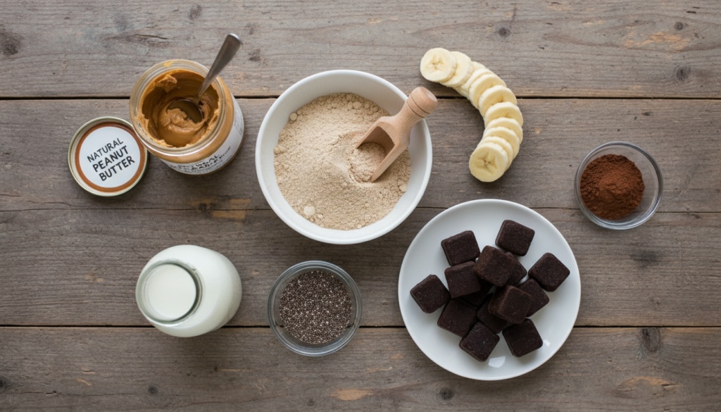smoothie ingredients laid out including protein powder peanut butter banana
