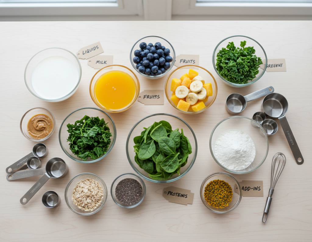 smoothie ingredients measured and organized by category
