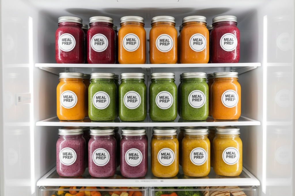 smoothies stored in mason jars in refrigerator