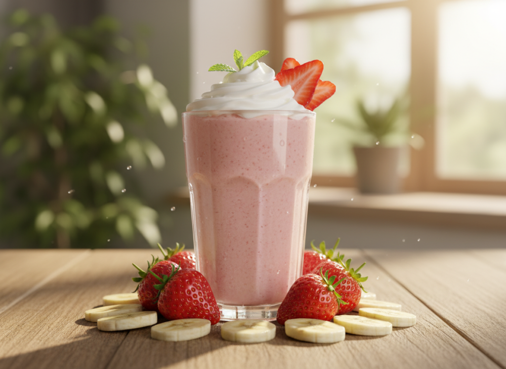 strawberry banana smoothie in glass