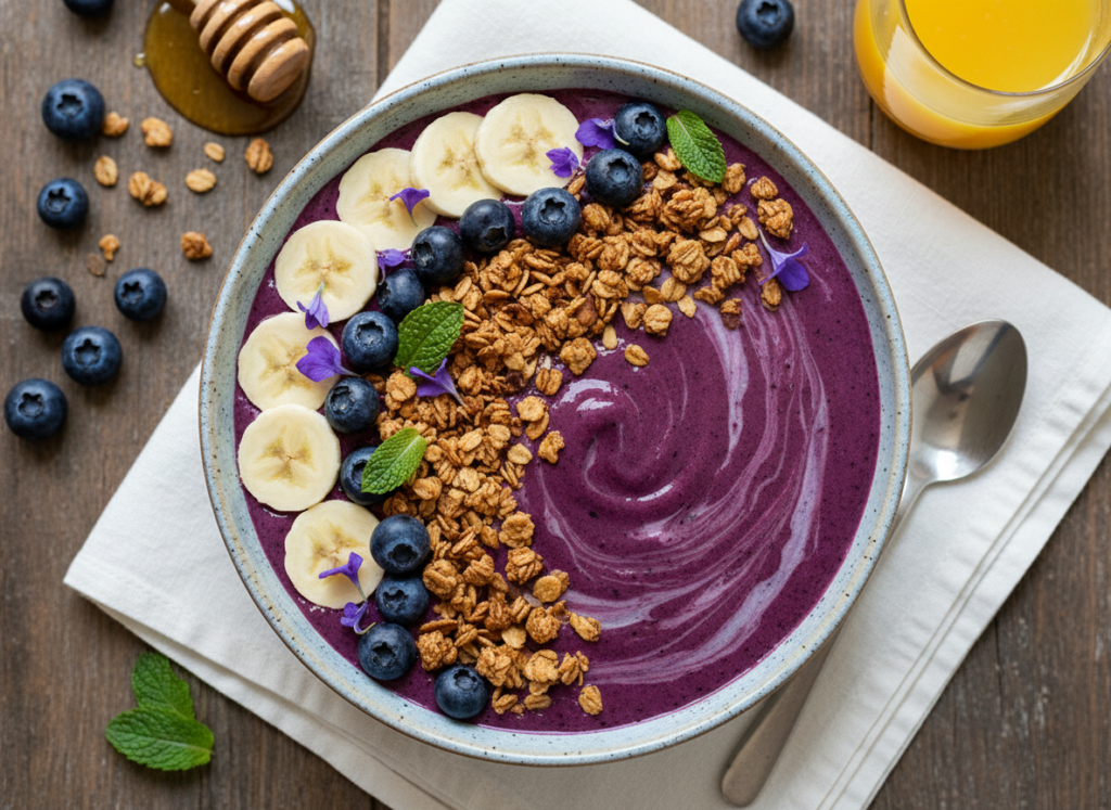 thick blueberry smoothie bowl topped with granola and fresh berries