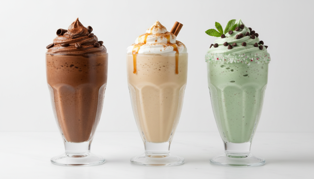 three different coffee protein smoothie variations