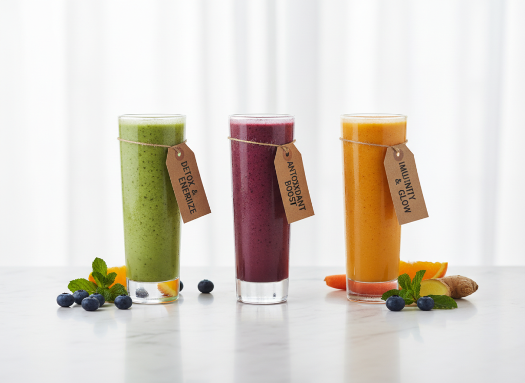 three different colored smoothies representing different health goals three different colored smoothies representing different health goals