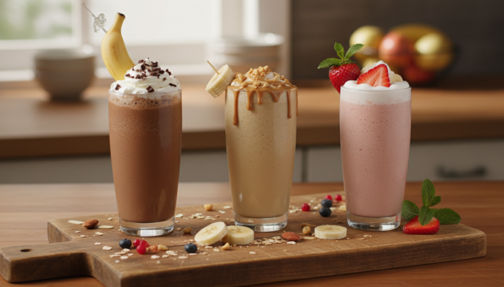 three different high protein banana smoothie variations in glasses