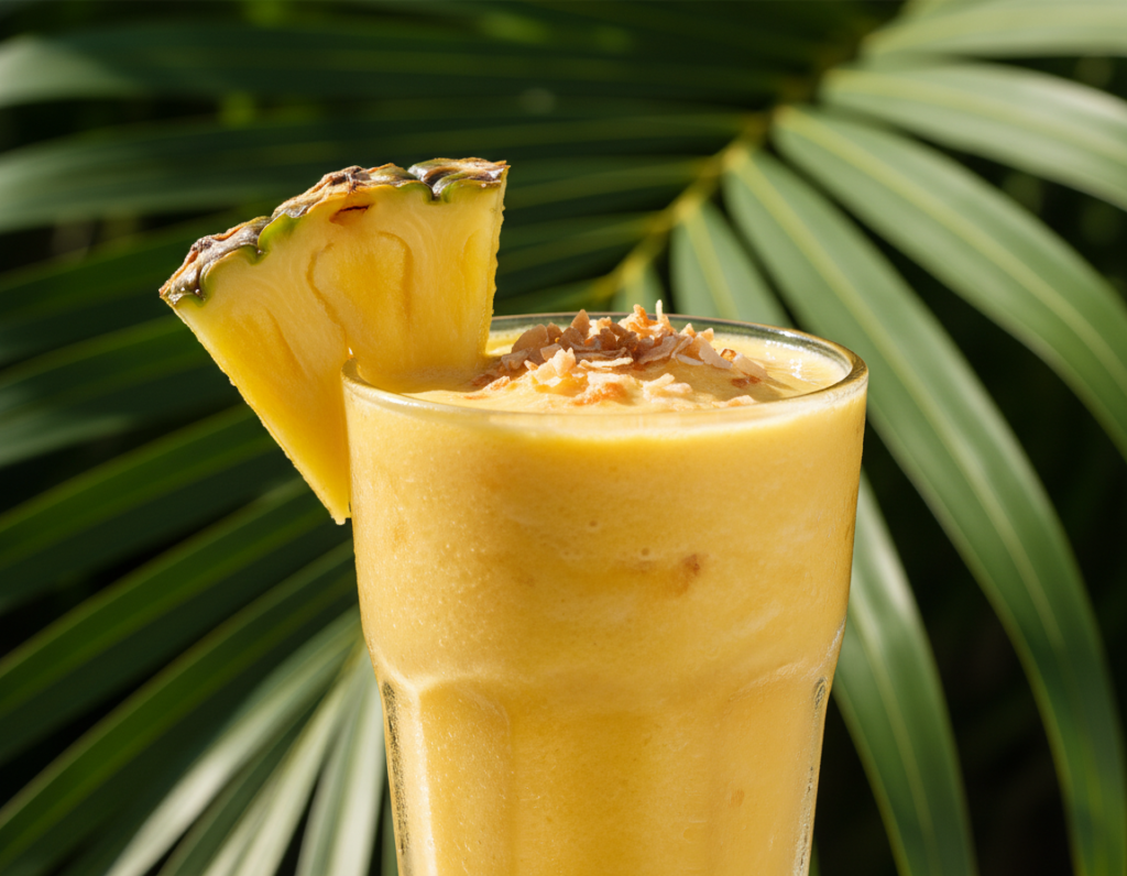 tropical frozen fruit smoothie with mango and pineapple in glass