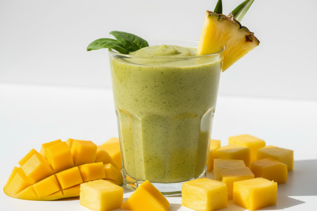 tropical green smoothie with spinach pineapple and mango in a tall glass tropical green smoothie with spinach pineapple and mango in a tall glass