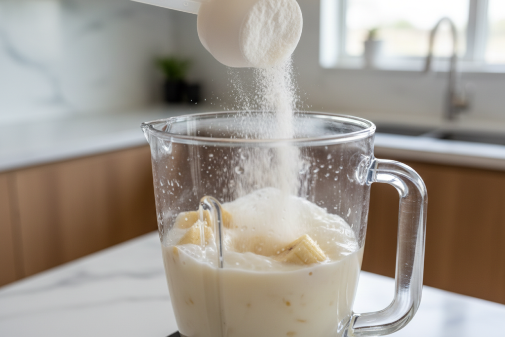 vanilla protein powder being scooped into blender with banana