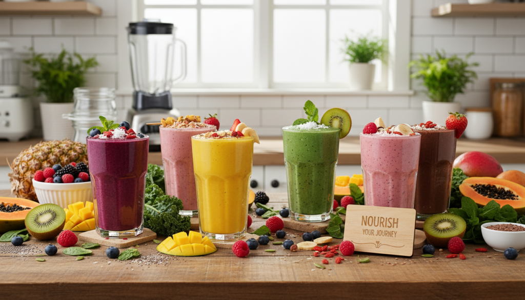 variety of colorful smoothies representing healthy lifestyle