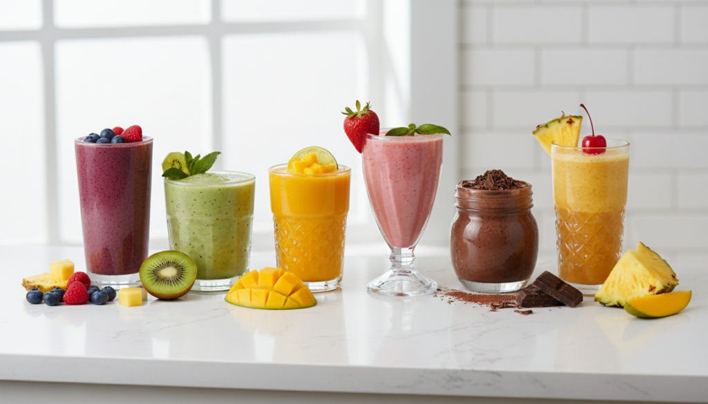variety of healthy frozen fruit smoothies displayed together