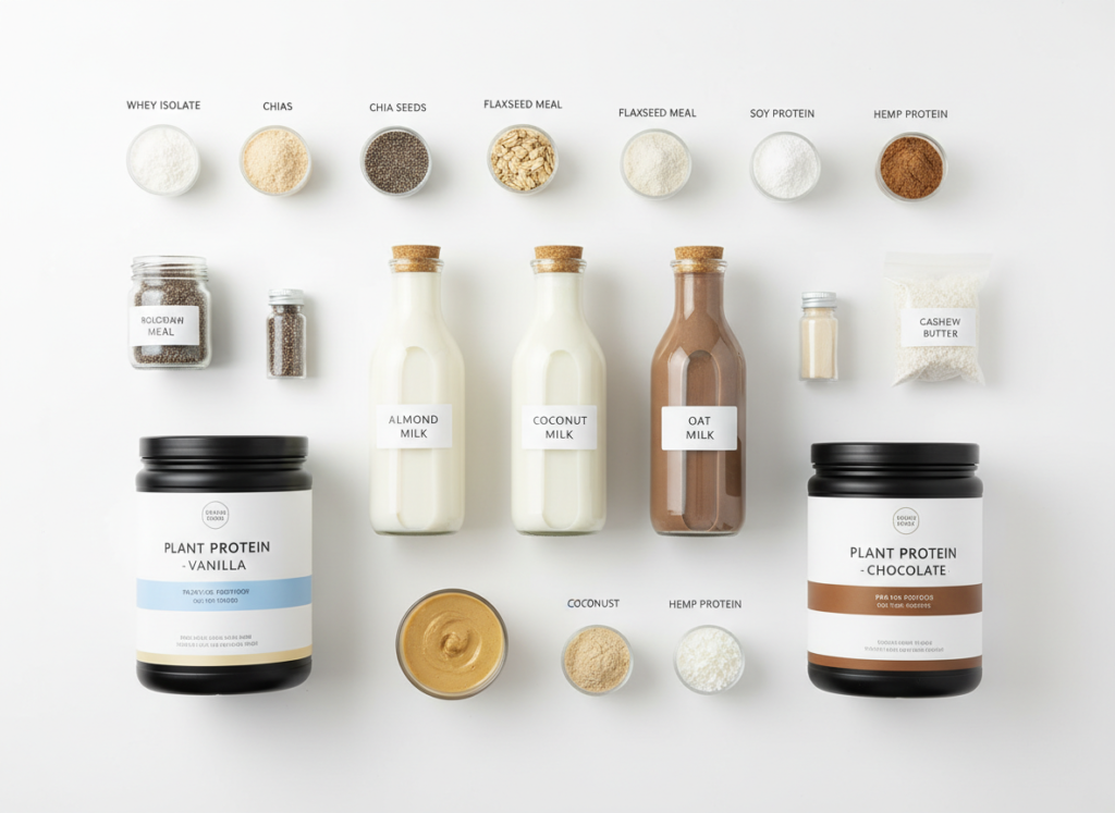 variety of milk alternatives and protein powders