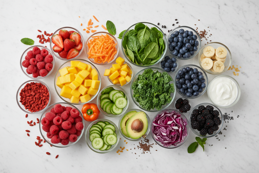 variety of smoothie ingredients showing different colors and nutrients