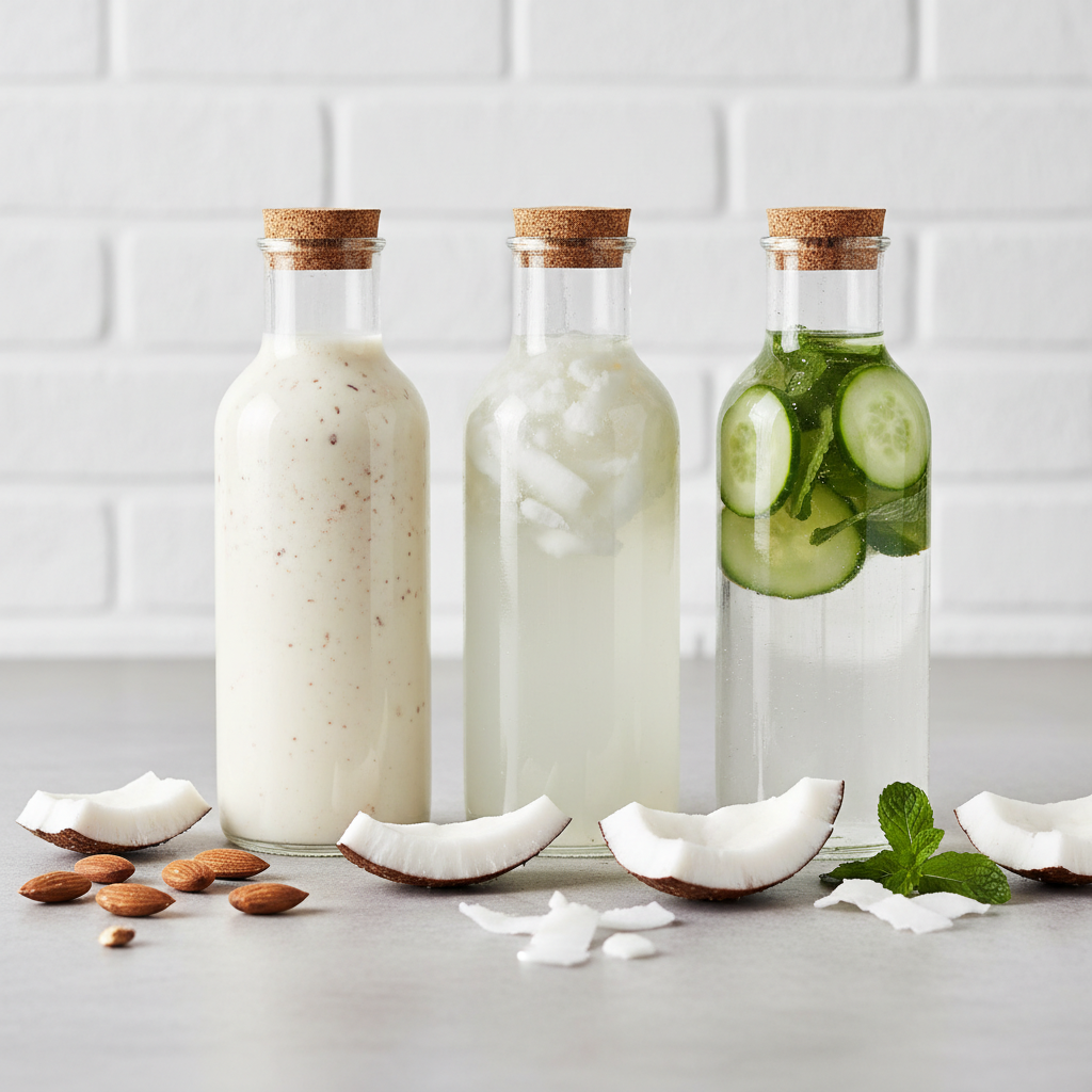 variety of smoothie liquid bases including almond milk coconut water and regular water variety of smoothie liquid bases including almond milk coconut water and regular water