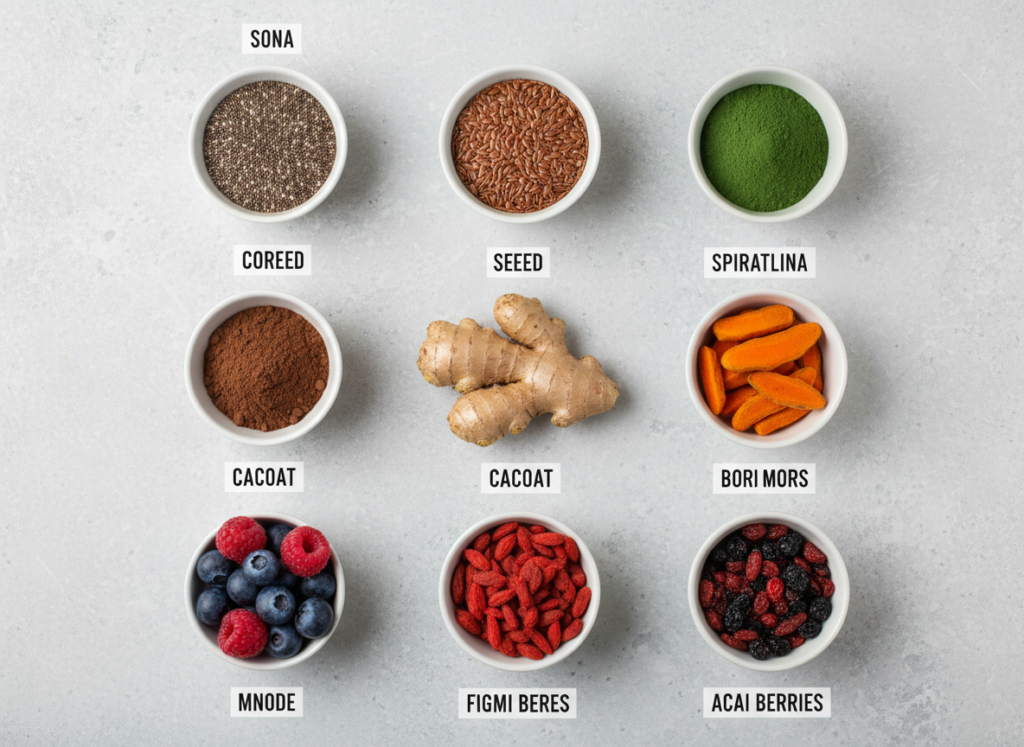 variety of smoothie superfoods displayed separately