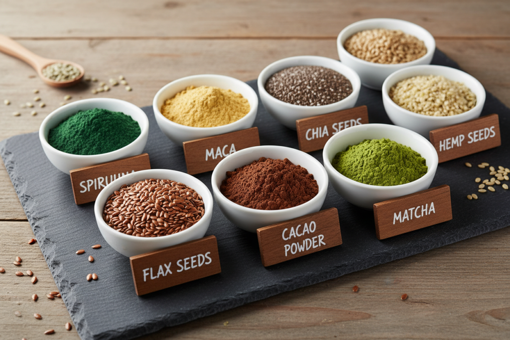 variety of superfood powders and seeds for green smoothies variety of superfood powders and seeds for green smoothies