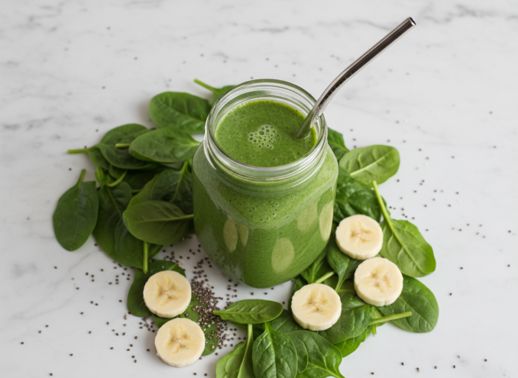 vibrant green banana smoothie showing healthy ingredients