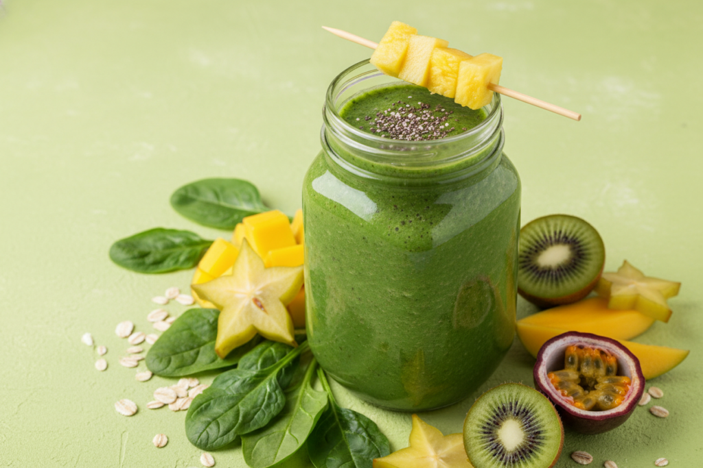 vibrant green smoothie for weight losing with oats, spinach, and tropical fruits