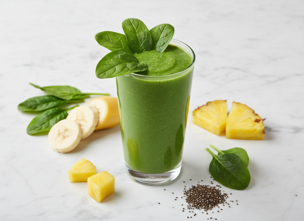 vibrant green smoothie in glass with spinach leaves