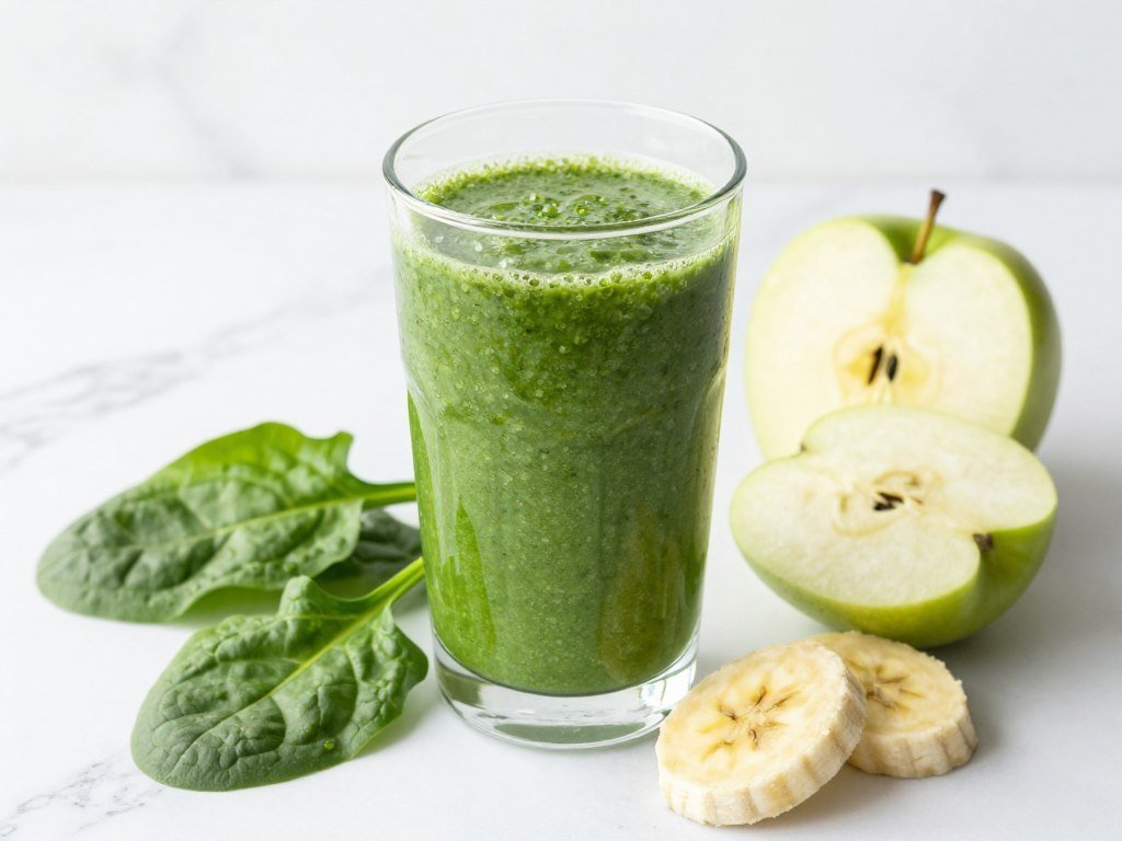 vibrant green smoothie with spinach leaves
