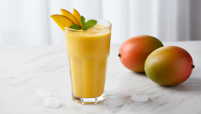vibrant mango smoothie in a clear glass with fresh mango slices and mint garnish on a white marble counter