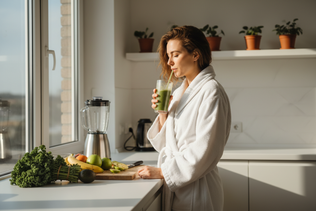 woman drinking a healthy smoothie in the morning for clear skin