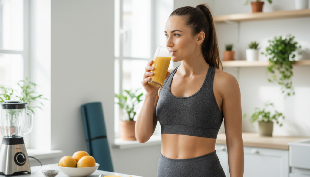 woman in workout clothes drinking mango smoothie after morning exercise