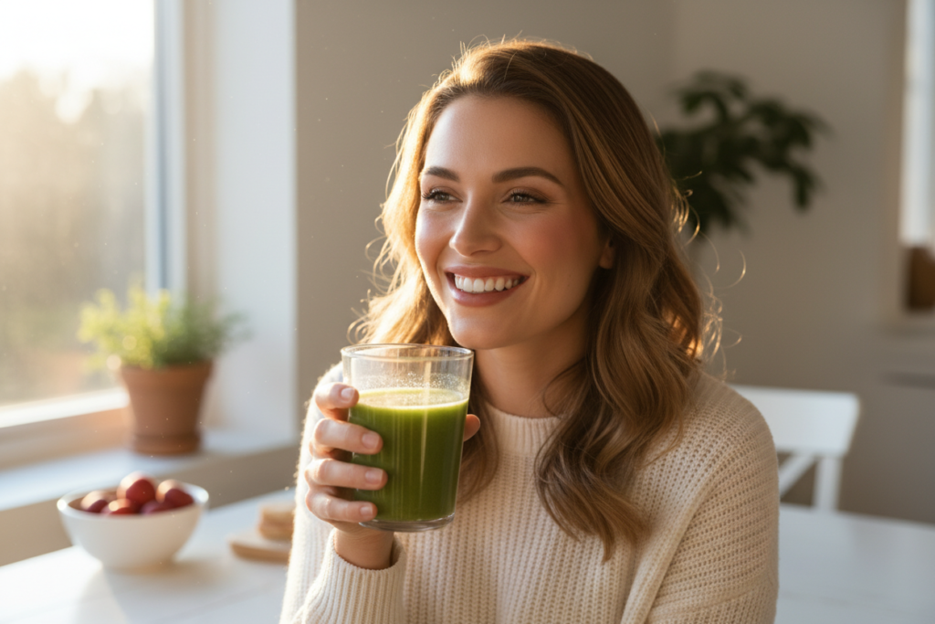 woman with glowing skin holding green smoothie showing results