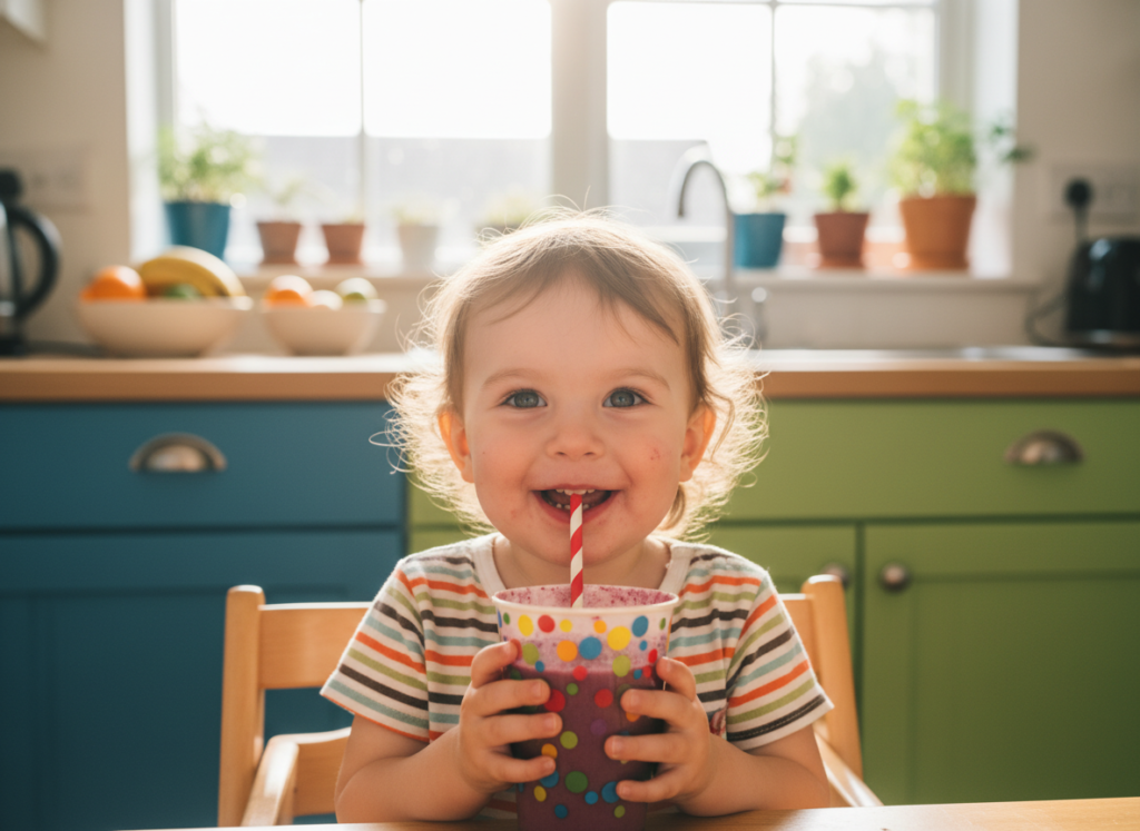 young child happily drinking a healthy smoothie through a colorful straw