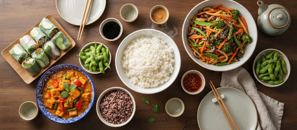 Array of Asian-inspired vegan dishes on a table with chopsticks