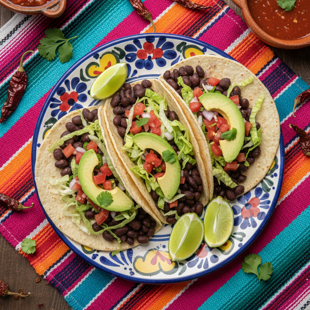Assembled black bean tacos with fresh toppings on a plate