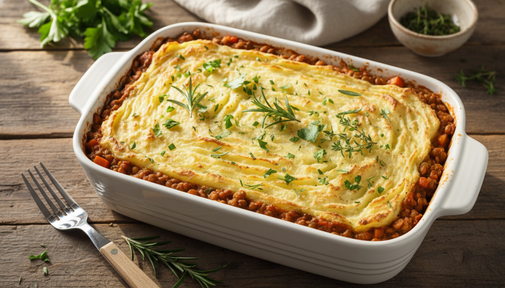 Baked shepherd's pie with golden mashed potato topping in a rectangular dish