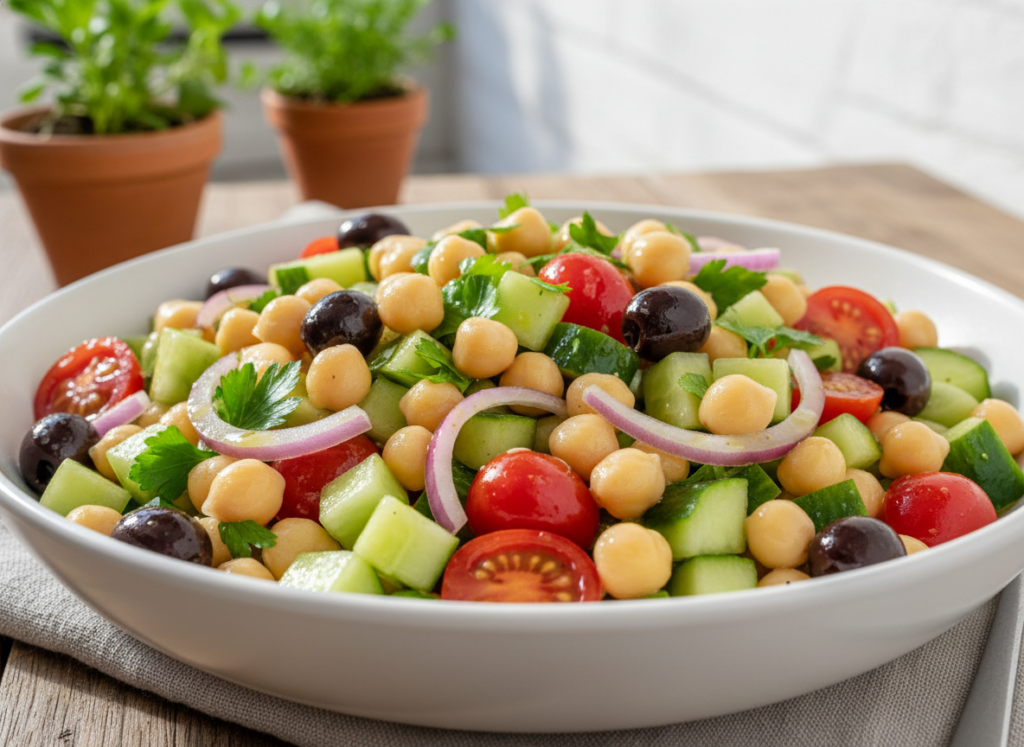 Bowl of Mediterranean chickpea salad with tomatoes, cucumbers, and olives
