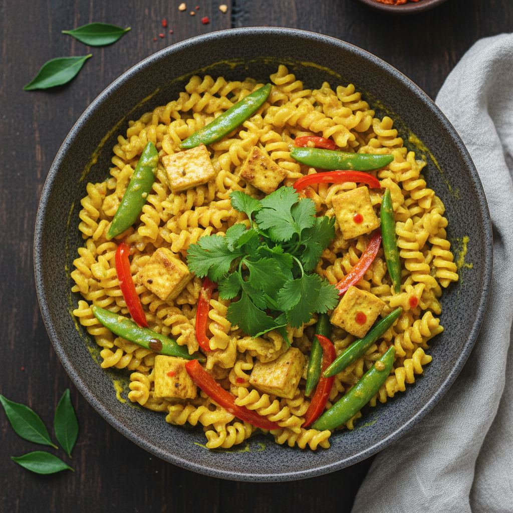 Bowl of curry pasta with coconut milk sauce, colorful vegetables, and tofu cubes