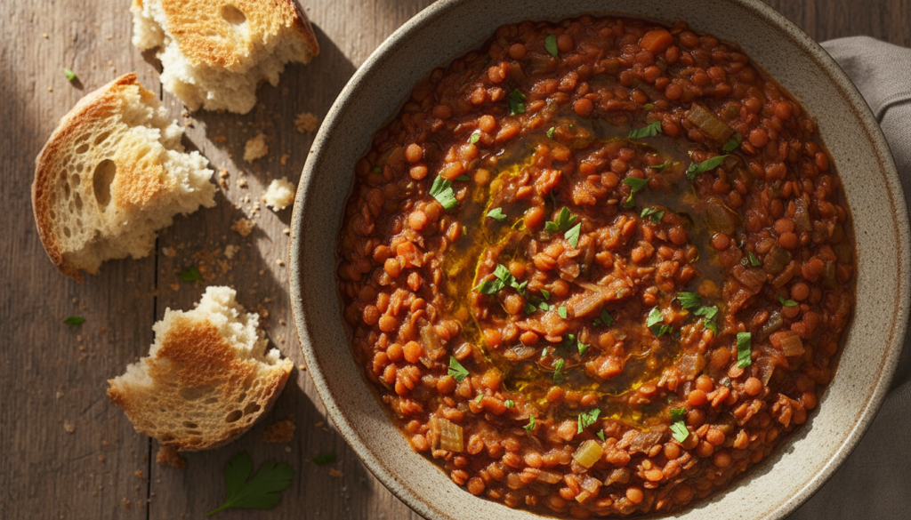 Bowl of finished lentil stew with crusty bread for dipping