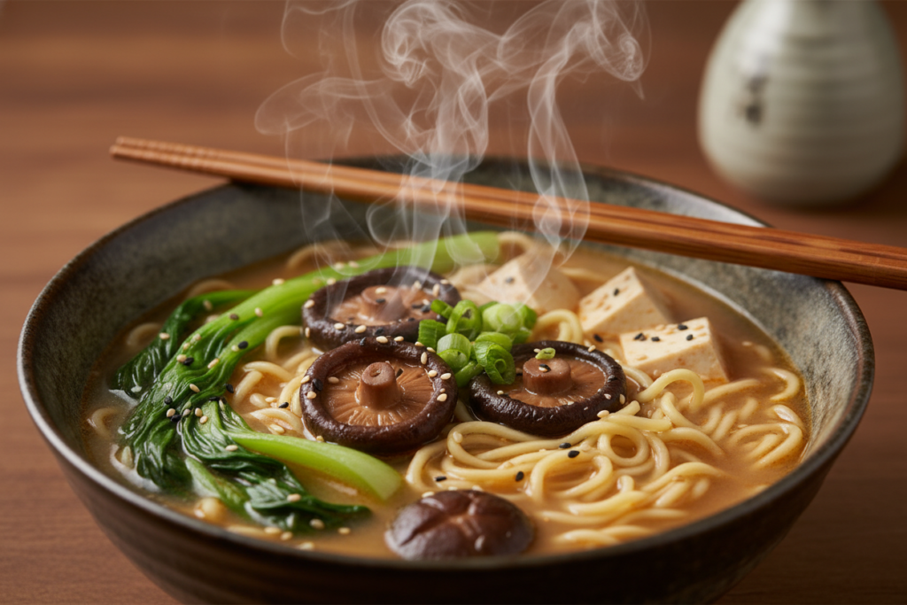 Bowl of miso ramen with noodles, mushrooms, and green onions