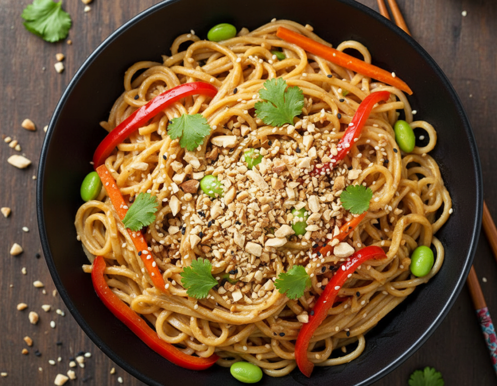 Bowl of peanut noodles with colorful vegetables and sesame seeds