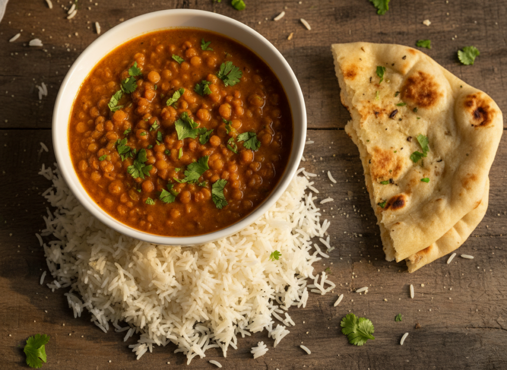 Bowl of red lentil curry served over rice with naan bread