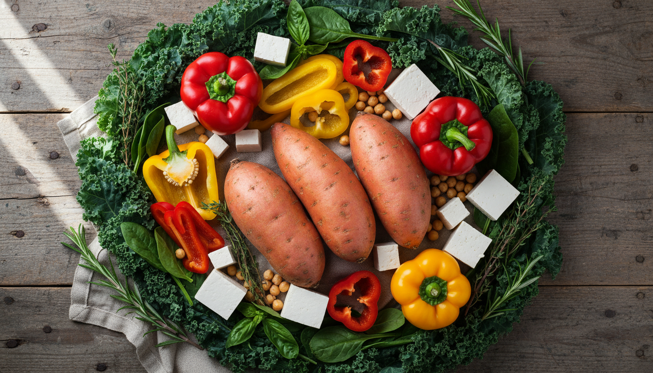 Colorful array of fresh vegetables and plant-based ingredients arranged on a wooden kitchen counter for vegan dinner preparation