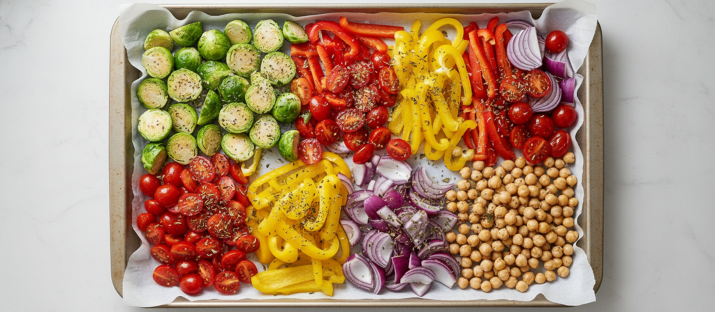 Colorful array of vegetables spread across a sheet pan ready for roasting