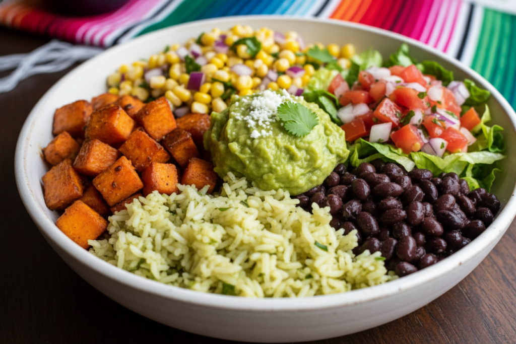 Colorful burrito bowl with rice, beans, sweet potatoes, and toppings