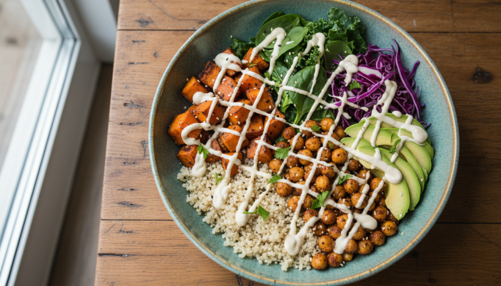 Colorful vegan buddha bowl with quinoa, roasted vegetables, chickpeas, and tahini drizzle