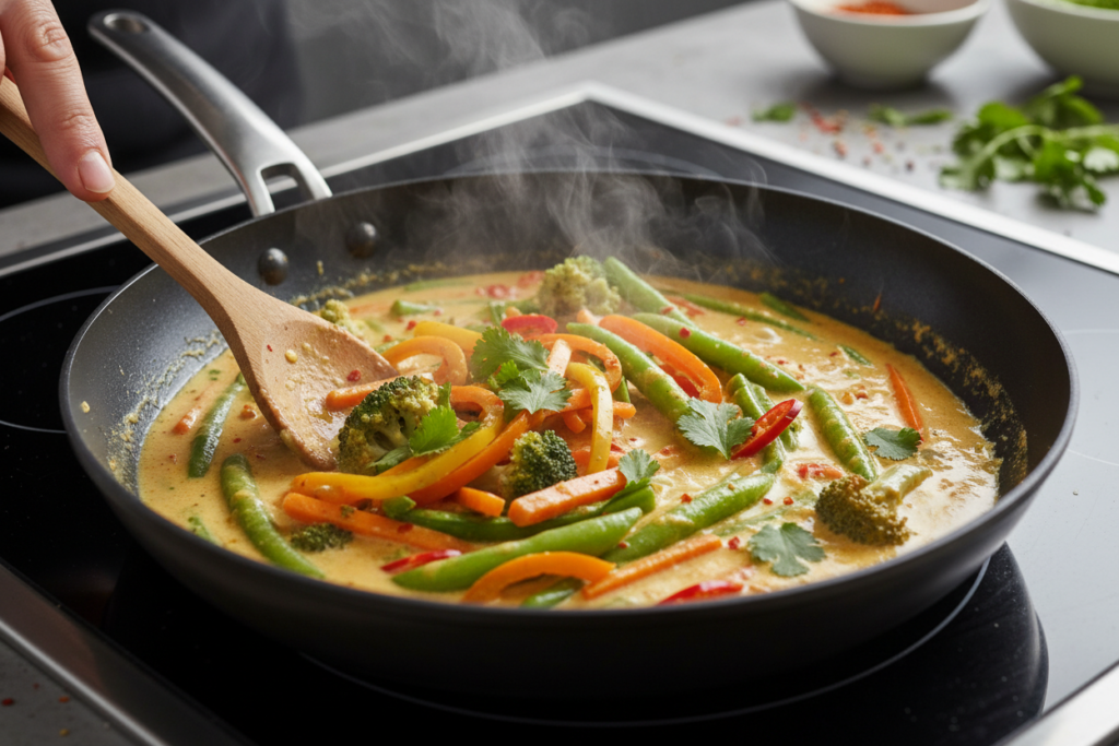 Colorful vegetables being stirred into coconut curry sauce