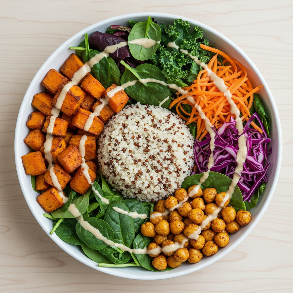 Complete buddha bowl assembly with all components arranged in sections