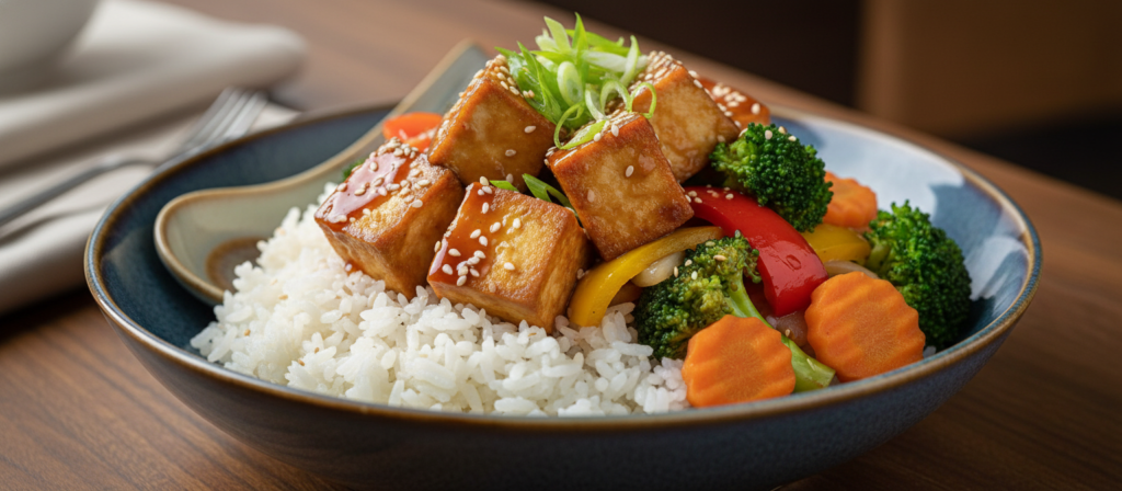 Complete teriyaki tofu rice bowl with vegetables and garnishes