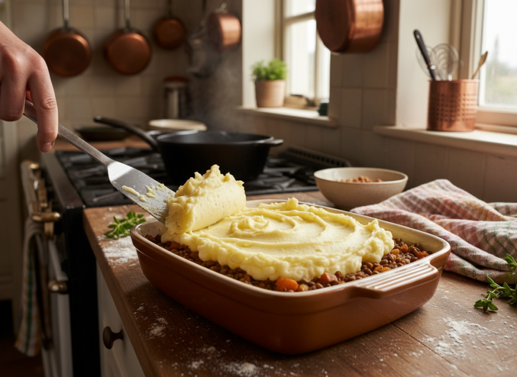 Creamy mashed potatoes being spread over lentil filling