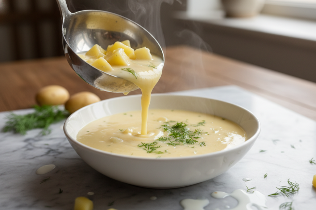 Creamy potato soup being ladled into bowls, garnished with herbs