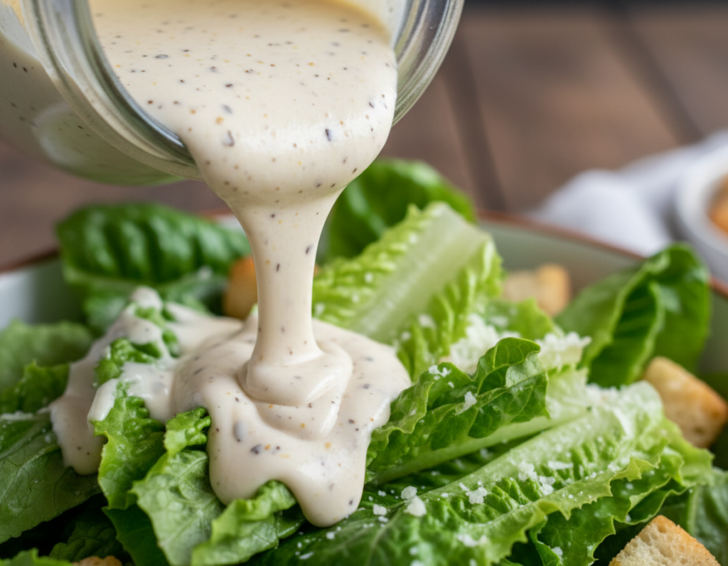 Creamy vegan Caesar dressing being drizzled over romaine lettuce