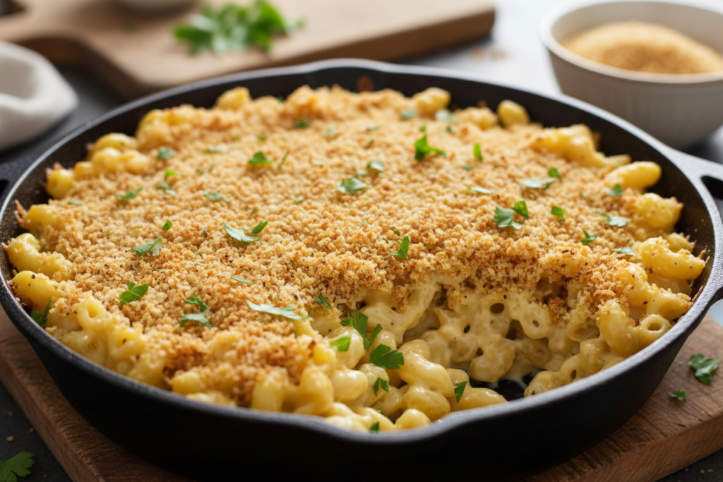 Creamy vegan mac and cheese in a cast iron skillet with crispy breadcrumb topping