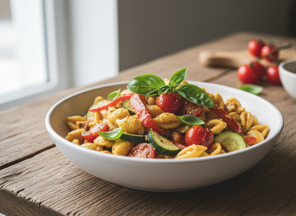 Creamy vegan pasta with roasted vegetables in a white bowl, garnished with fresh herbs