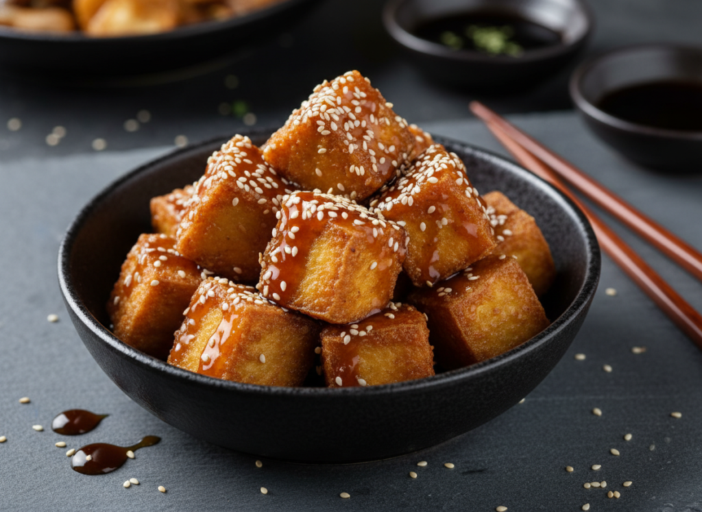 Crispy teriyaki tofu cubes with sesame seeds in a black bowl
