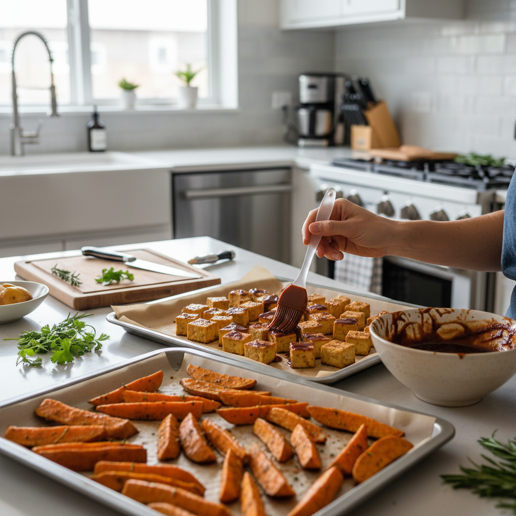 Cubed tofu being brushed with BBQ sauce alongside sweet potato wedges